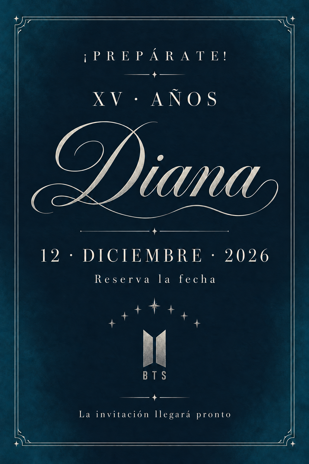 ¡Prepárate!. XV años de Diana. 12 de diciembre de 2026. Reserva la fecha. La invitación llegará pronto.